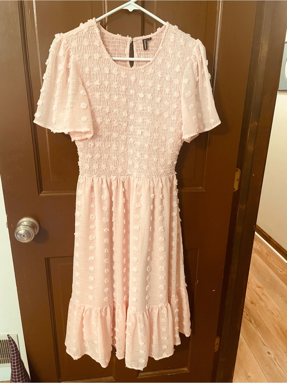 Smocked Midi Dress in Soft Pink with Textured Dot Detail